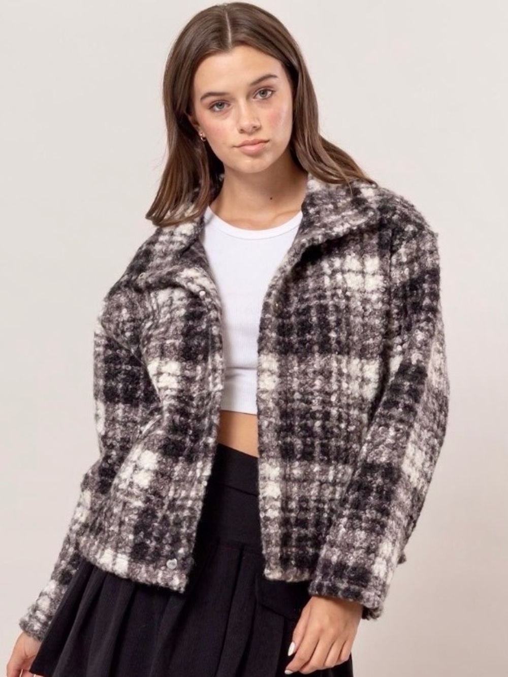 ♥️Plaid Collared Neck Boucle Wool Jacket with Pockets